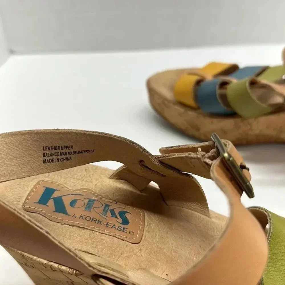 Kork Ease Wedges Sandals High Heel Shoes Wedge Leather MultiColor Strappy Size 8